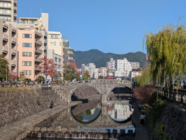 A scenic view of the historic Meganebashi Bridge (Spectacles Bridge) in Nagasaki, Japan, showing its iconic double-arch reflection in the Nakashima River, lined with willow trees and stone embankments.