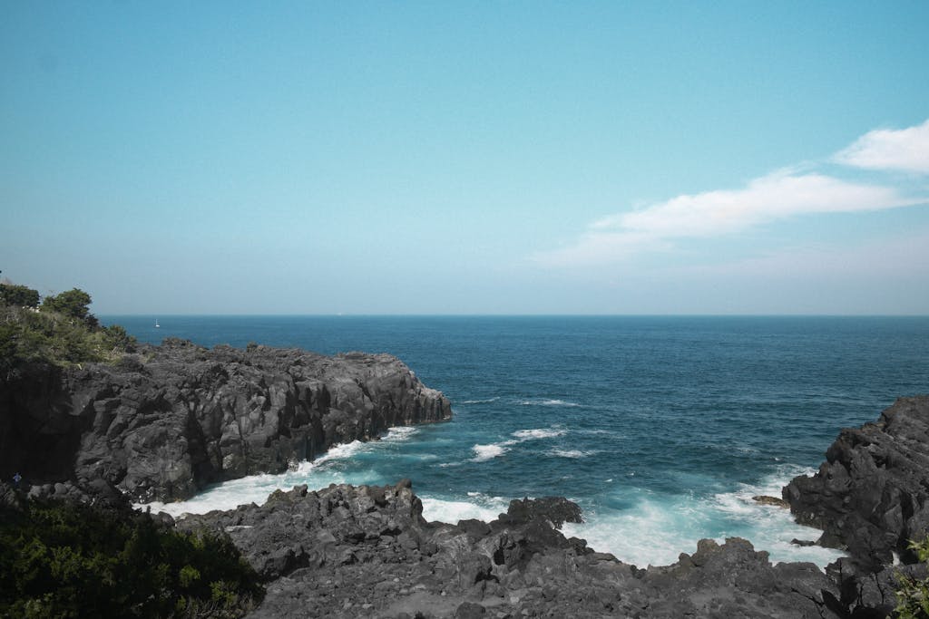 Beautiful view of rocky cliffs and ocean at Jogasaki Kaigan, Japan.