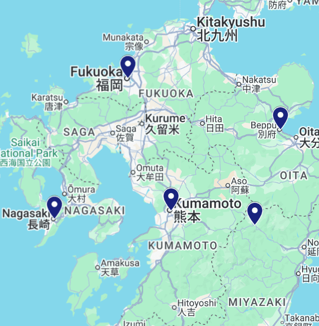 Interactive map of a 10-day Kyushu self-drive itinerary starting in Nagasaki, looping through Kumamoto, Takachiho, and Beppu, and finishing in Fukuoka, Japan.