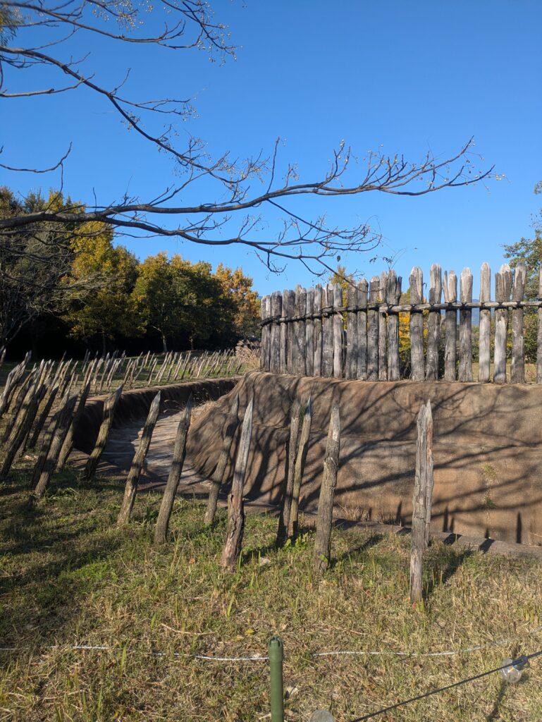 Wooden defensive palisades and moat at Yoshinogari Historical Park under a clear blue sky.