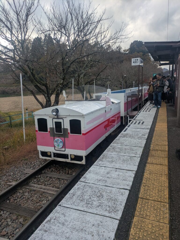 Pink and white Amaterasu Railway open-air sightseeing cart waiting at the station platform in Kyushu, Japan.
