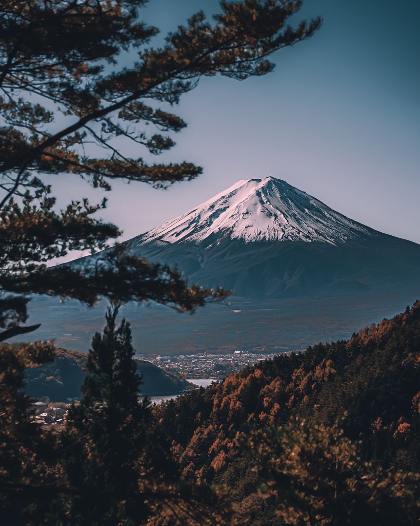 Captivating view of snow-capped Mount Fuji with lush forest foreground, perfect for nature enthusiasts.